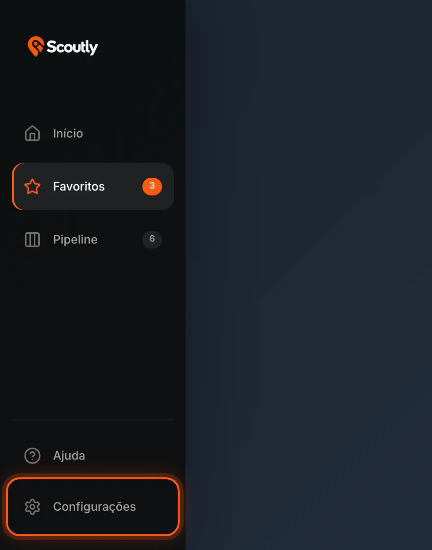 Menu lateral com o item Configurações destacado