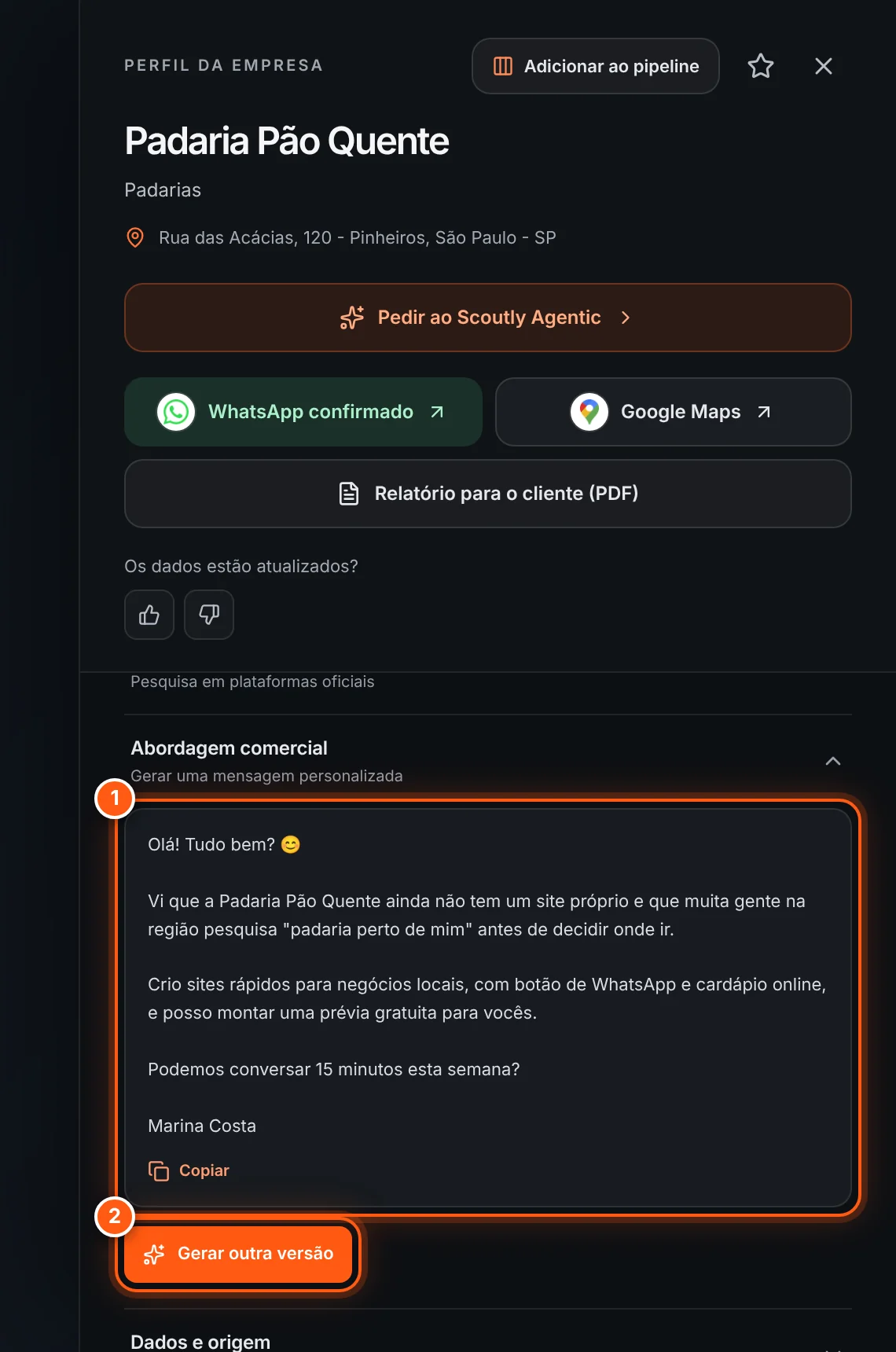 Mensagem gerada pela IA no painel da empresa