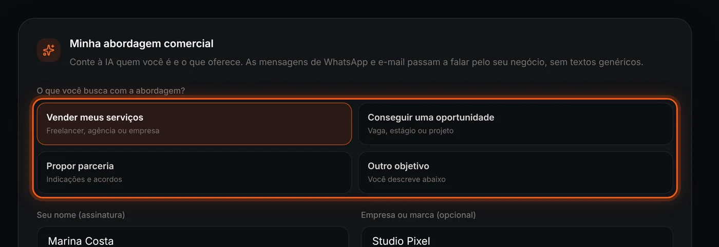 Opções de objetivo da abordagem comercial