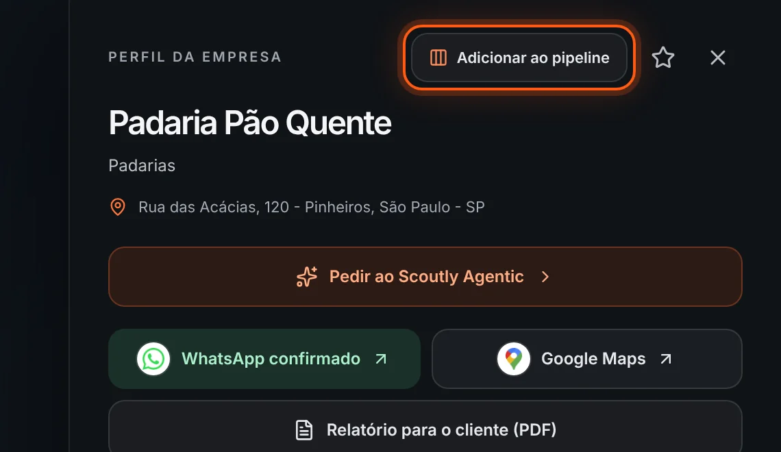 Botão Adicionar ao pipeline no topo do painel da empresa