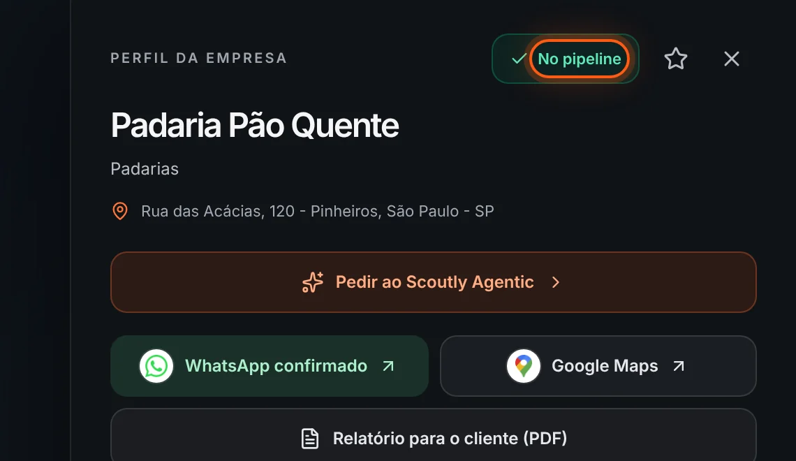 Selo No pipeline no topo do painel da empresa