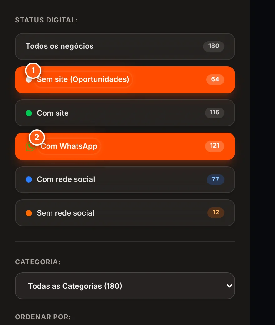 Painel de filtros com Sem site e Com WhatsApp selecionados