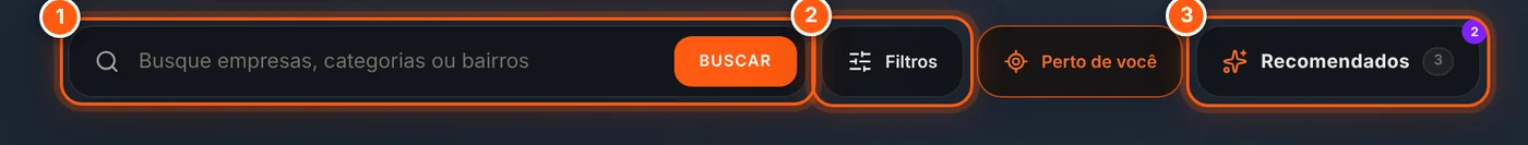 Barra superior com busca, filtros e recomendados numerados