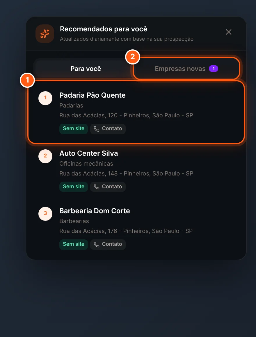 Card de recomendados com as abas Para você e Empresas novas